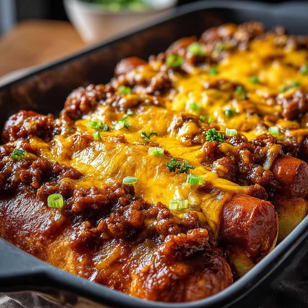 A delicious chili cheese dog with onions and green peppers, served in a black dish.