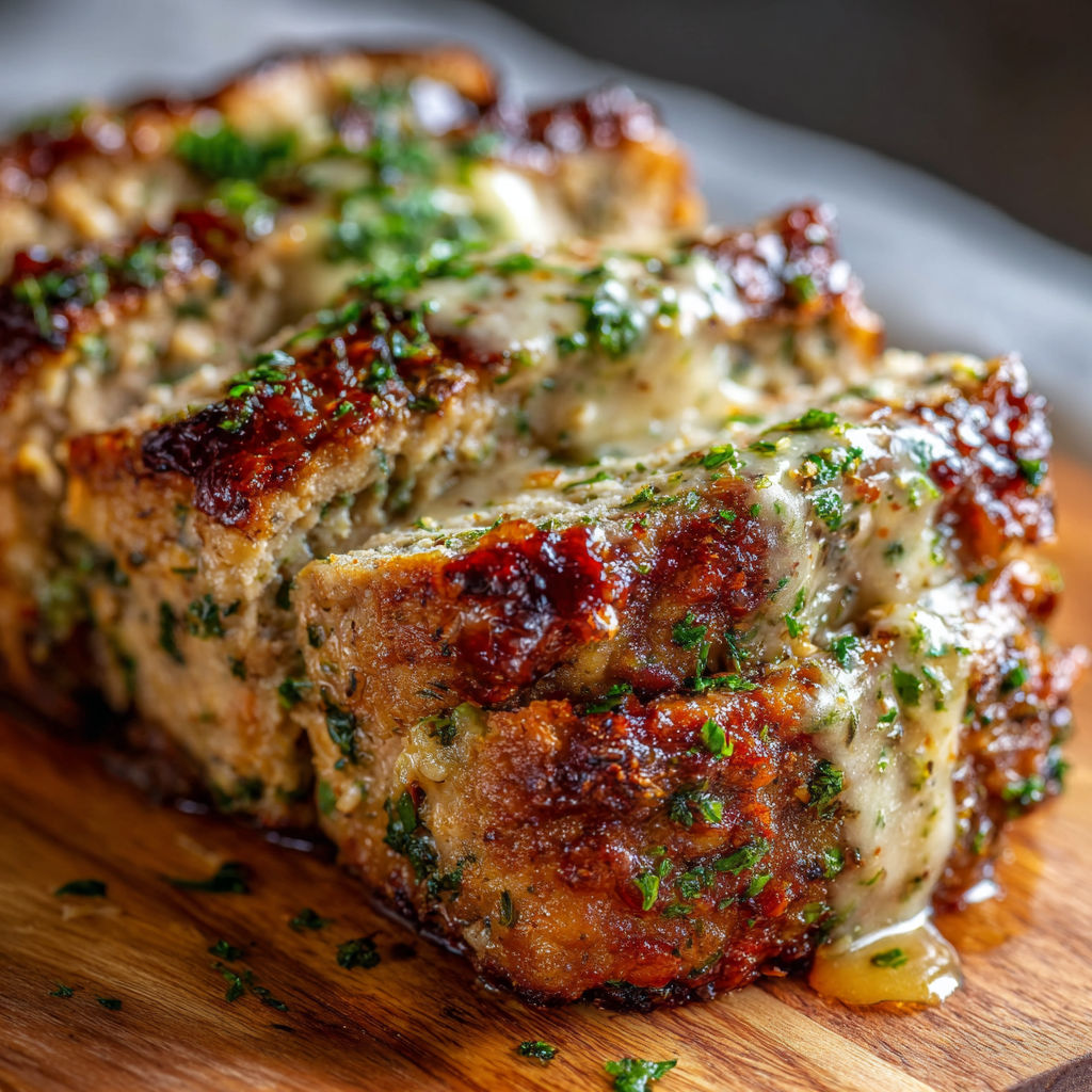 A delicious meat dish with a sauce and herbs, served on a wooden cutting board.