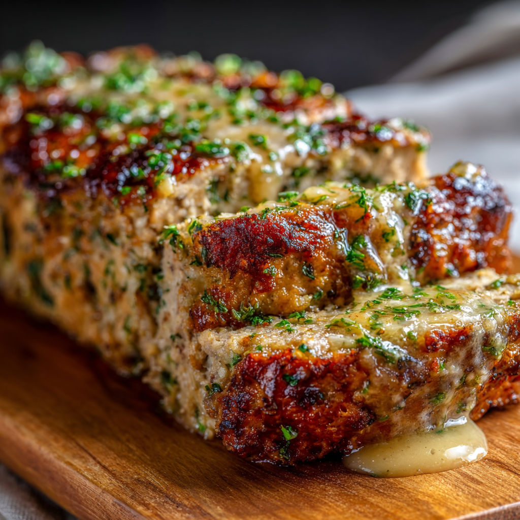 A delicious meat dish with a creamy sauce, served on a wooden cutting board.