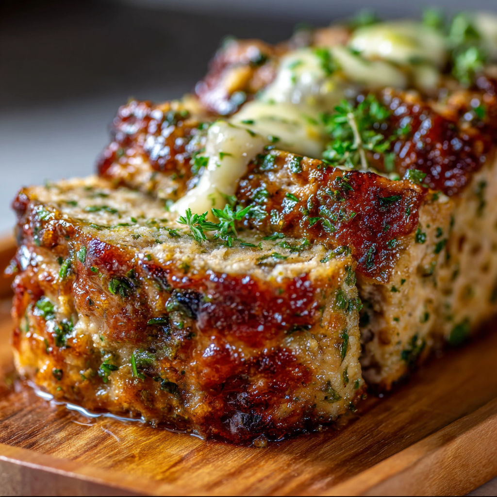 A slice of Juicy Garlic Parmesan Chicken Meatloaf on a wooden cutting board.