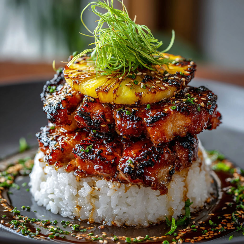 A delicious Hawaiian Huli Huli Chicken dish is served on a plate with rice and a pineapple wedge on top.