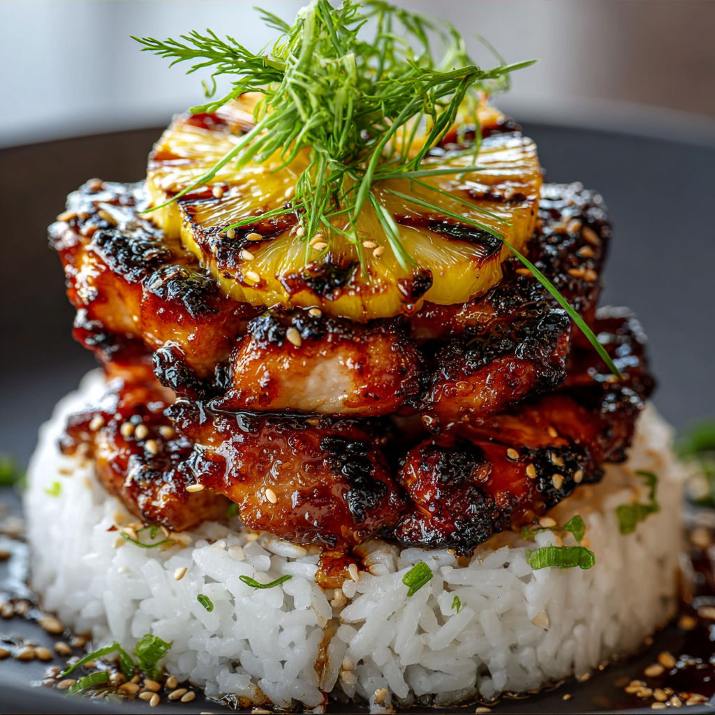 A delicious Asian dish featuring grilled chicken, rice, and a garnish of sesame seeds and green onions.