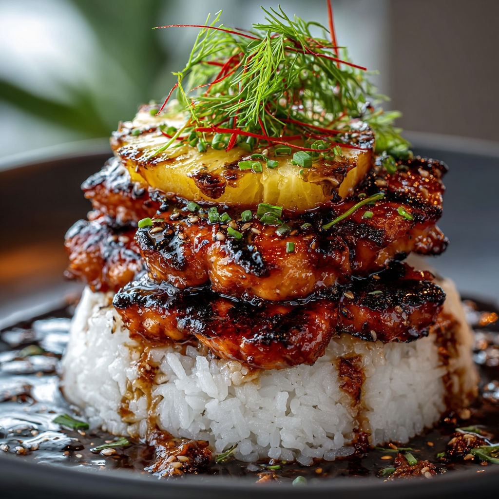 A plate of food with a pile of rice and a piece of meat on top, accompanied by a garnish of parsley.