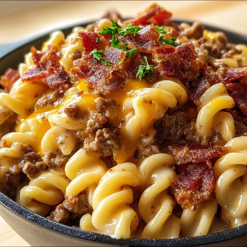 A delicious Loaded Bacon Cheeseburger Pasta Skillet is served in a bowl.