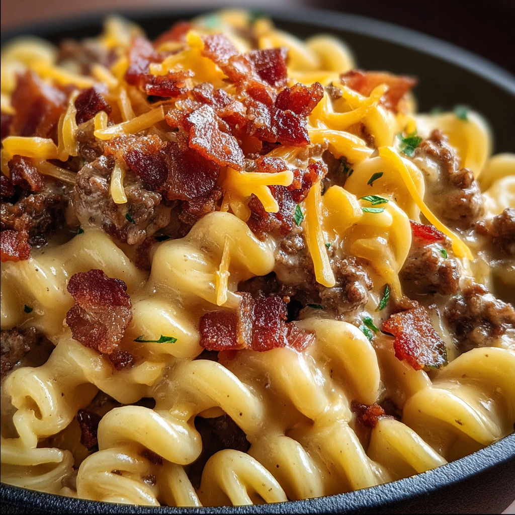 A bowl of pasta with bacon and cheese on top.