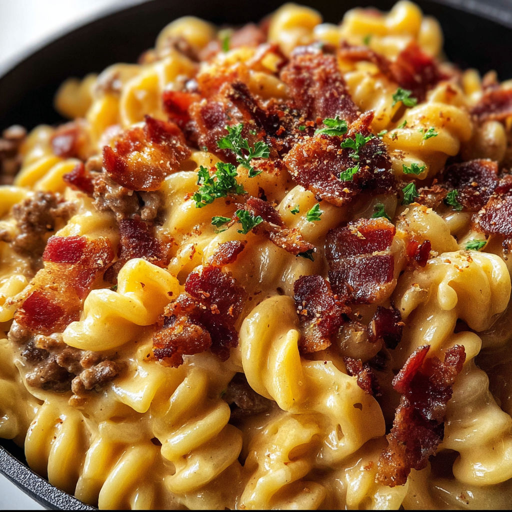 A delicious bacon mac and cheese dish, topped with bacon bits and green onions, served in a black bowl.