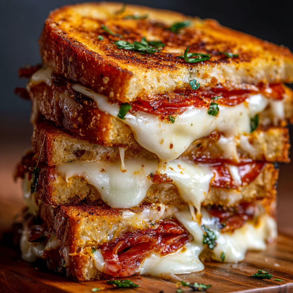A stack of grilled cheese sandwiches with tomato sauce and bacon.