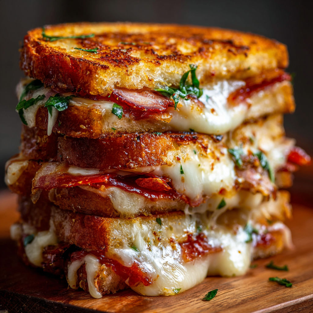 A stack of grilled cheese sandwiches with bacon and tomato slices on top.