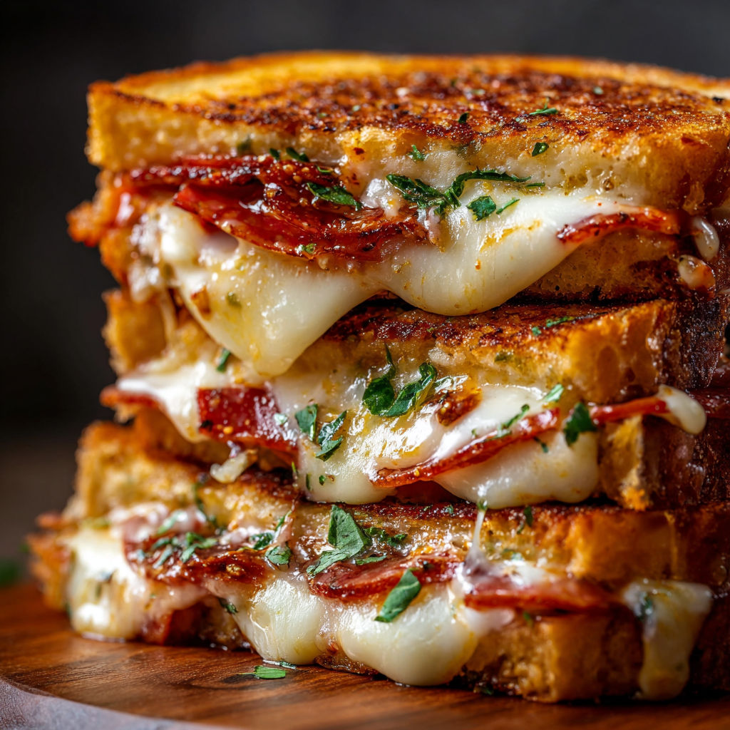 A stack of grilled cheese sandwiches with meat and cheese on top.