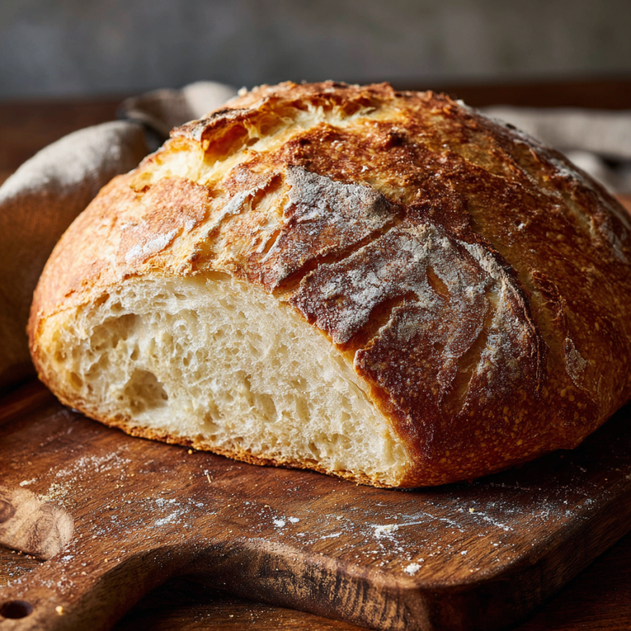 A loaf of freshly baked bread sits on a wooden cutting board, ready to be sliced and served.