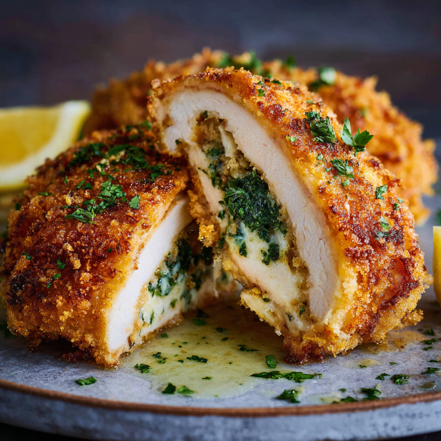 A delicious Easy Chicken Kiev is served on a plate, with the chicken cut in half and topped with herbs.