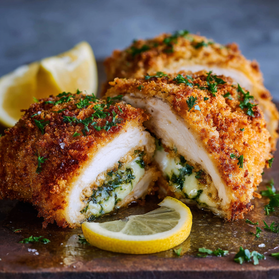 A delicious meal of chicken with lemon and herbs, served on a wooden cutting board.