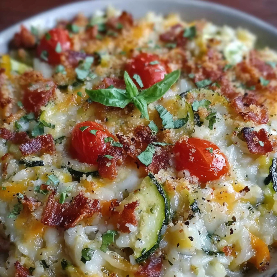A delicious Loaded Zucchini Rice Bake, topped with bacon and tomatoes, is ready to be enjoyed.