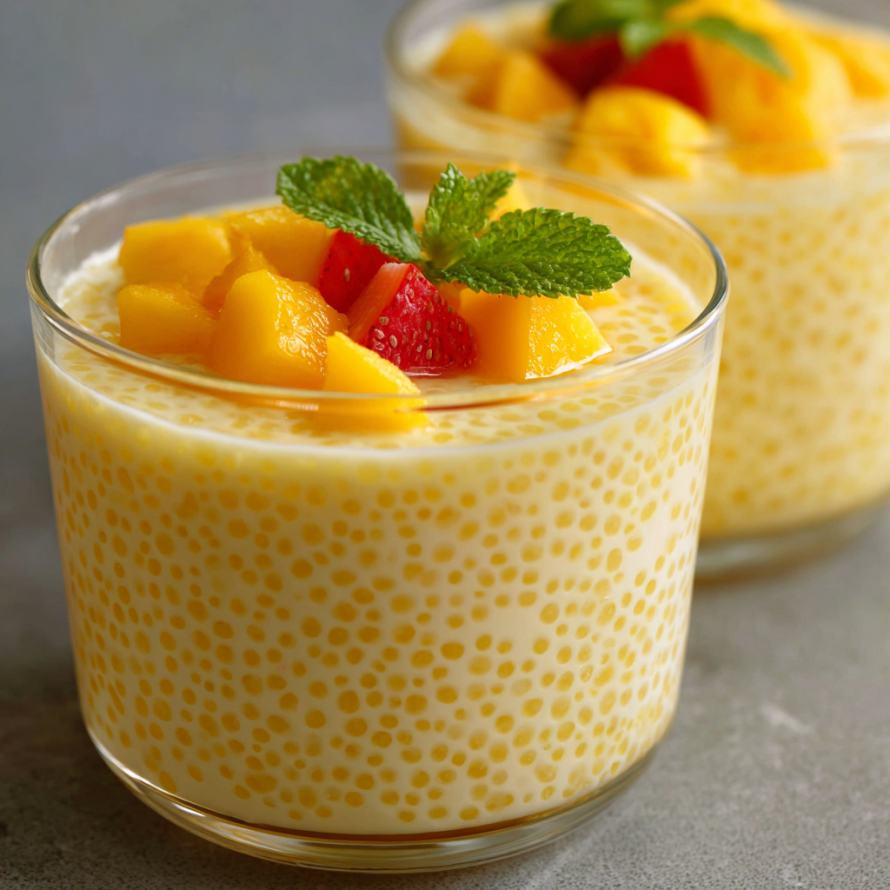 A glass of yogurt with fruit on top, possibly strawberry and mango, is displayed on a table.