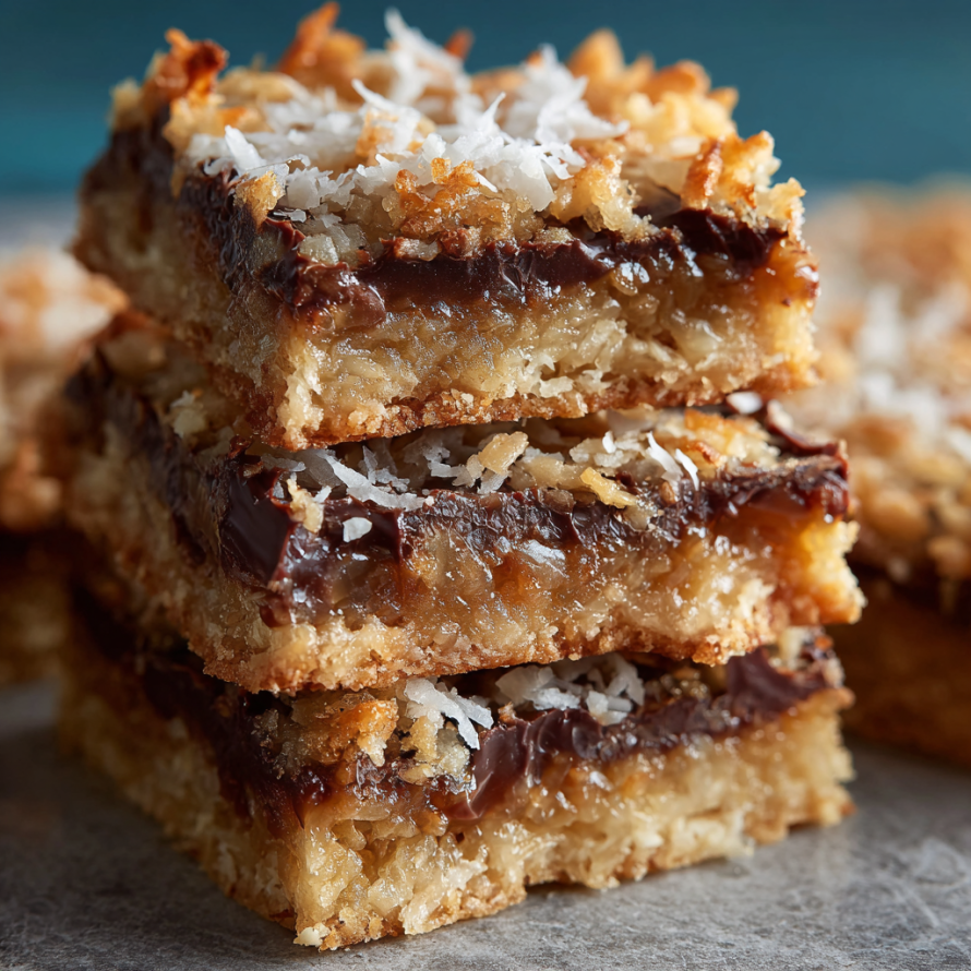 A stack of coconut and toffee bars on a table.