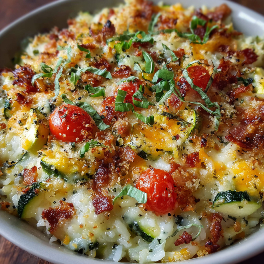 A delicious Loaded Zucchini Rice Bake, filled with cheese, tomatoes, and herbs, is ready to be enjoyed.
