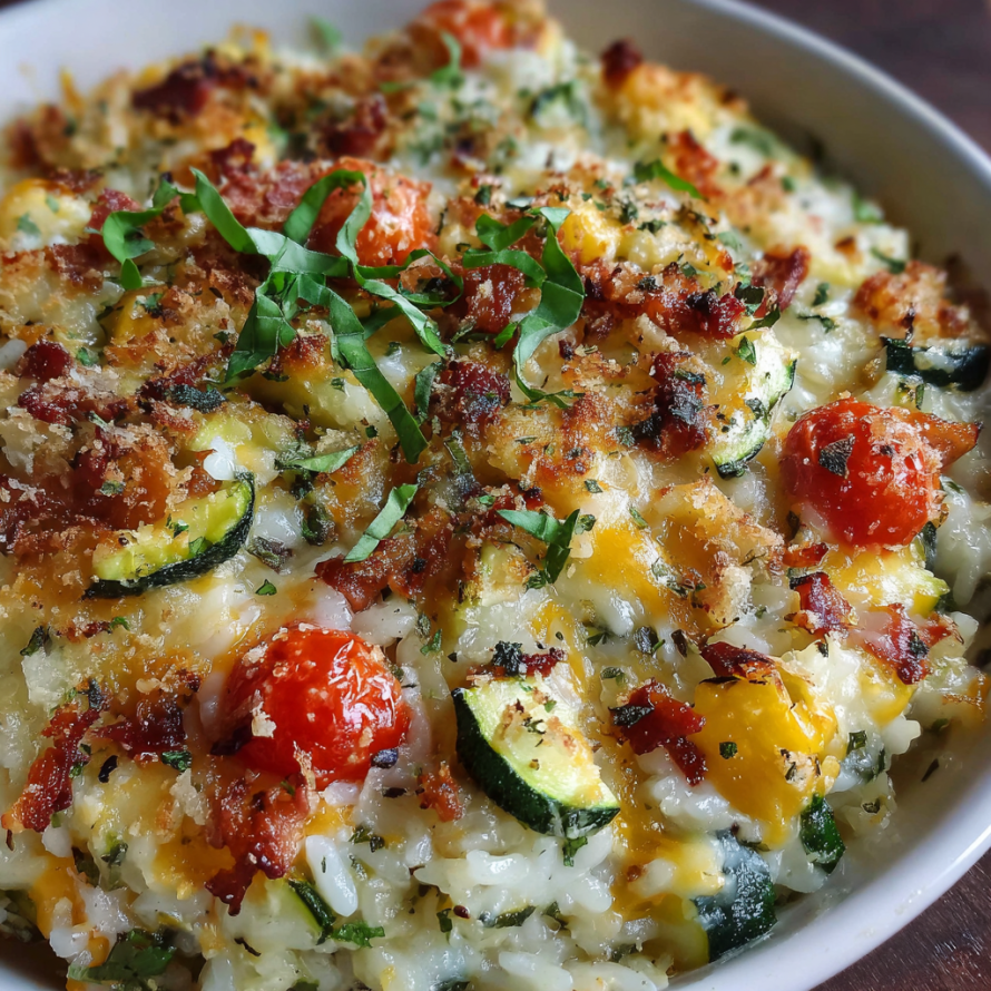 A dish of Loaded Zucchini Rice Bake, topped with tomatoes and bacon, is served in a white bowl.