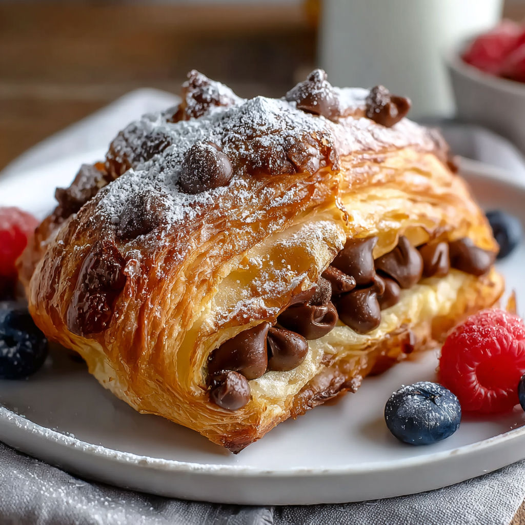 A delicious chocolate croissant breakfast is served on a plate with a bowl of fruit.