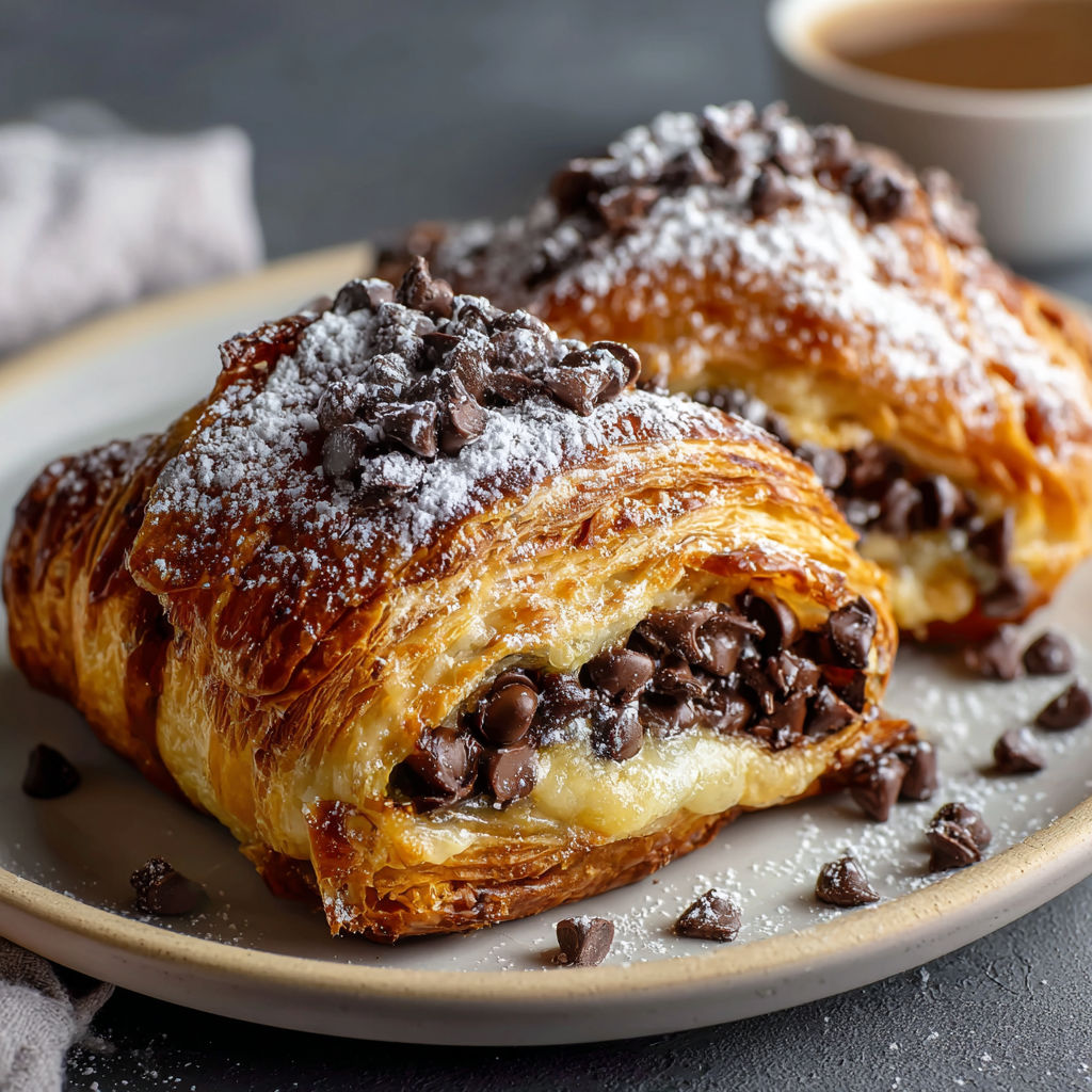 A plate of chocolate-covered crepes with powdered sugar on top.