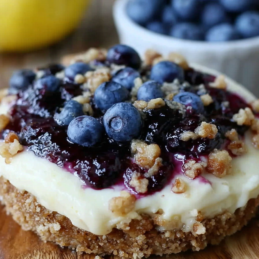 A dessert made with cream cheese and blueberries, topped with walnuts.