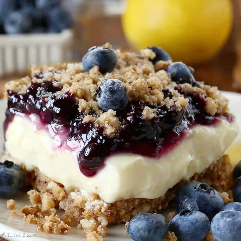 A dessert made with cream cheese, lemon, and blueberries is displayed on a plate.