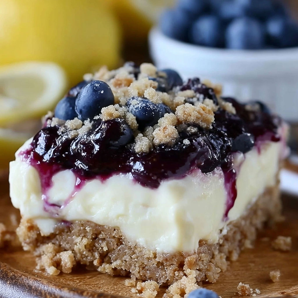 A slice of cream cheese lemon dessert with blueberries on top.