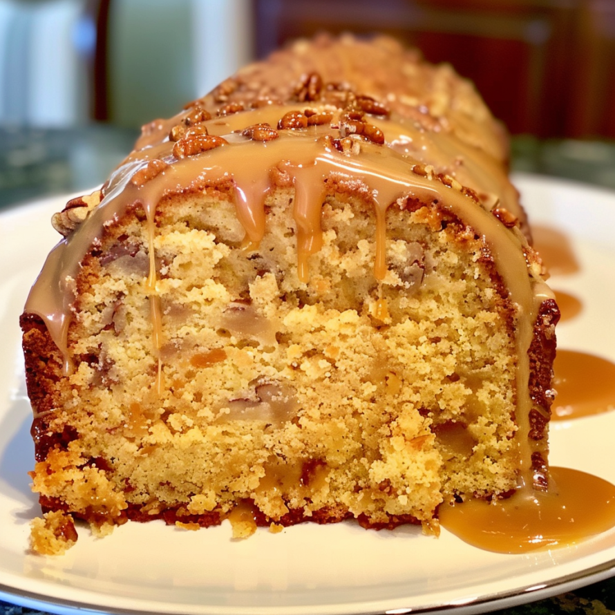A slice of Brown Sugar Pound Cake with caramel drizzle on a plate.
