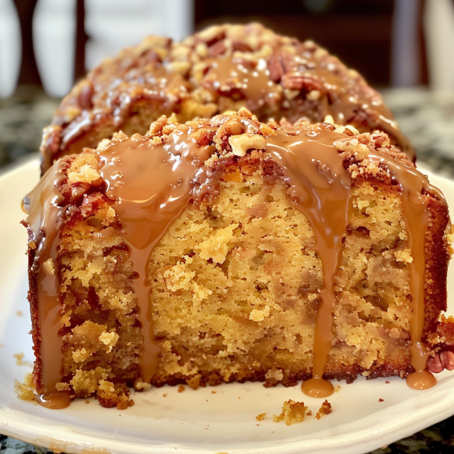 A slice of caramel pecan cake on a white plate.