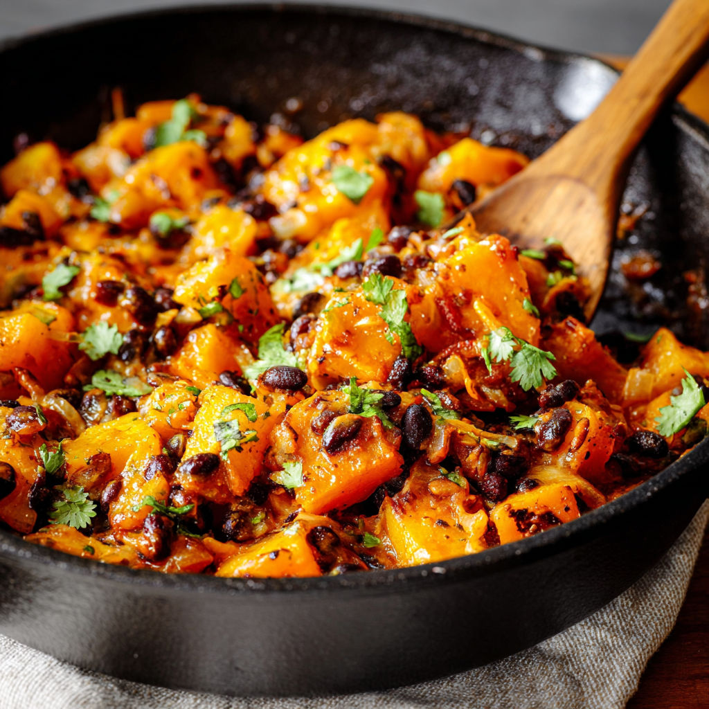 A skillet filled with a delicious Butternut Squash and Black Bean Enchilada dish.