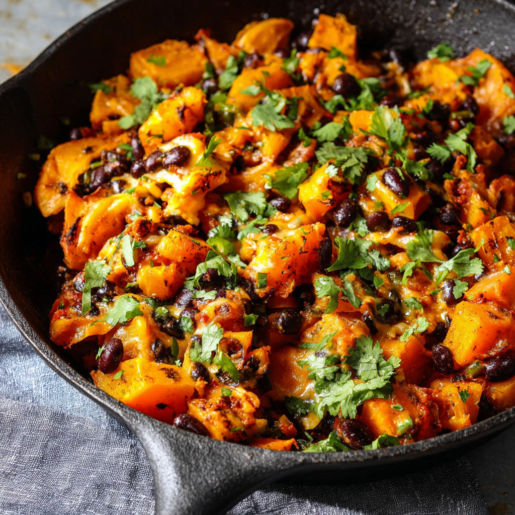 A skillet filled with a delicious Butternut Squash and Black Bean Enchilada dish.