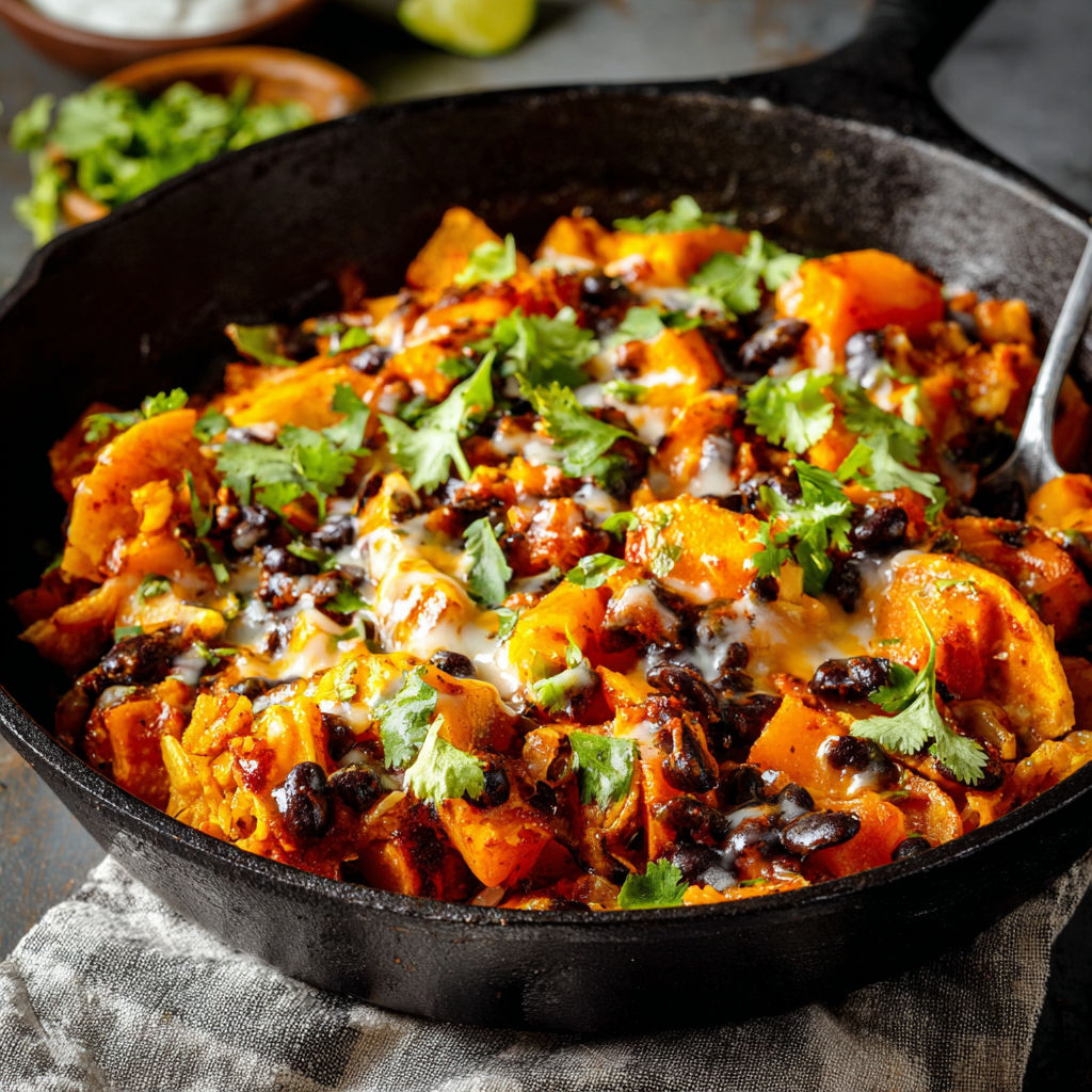 A delicious Butternut Squash and Black Bean Enchilada Skillet is ready to be served.