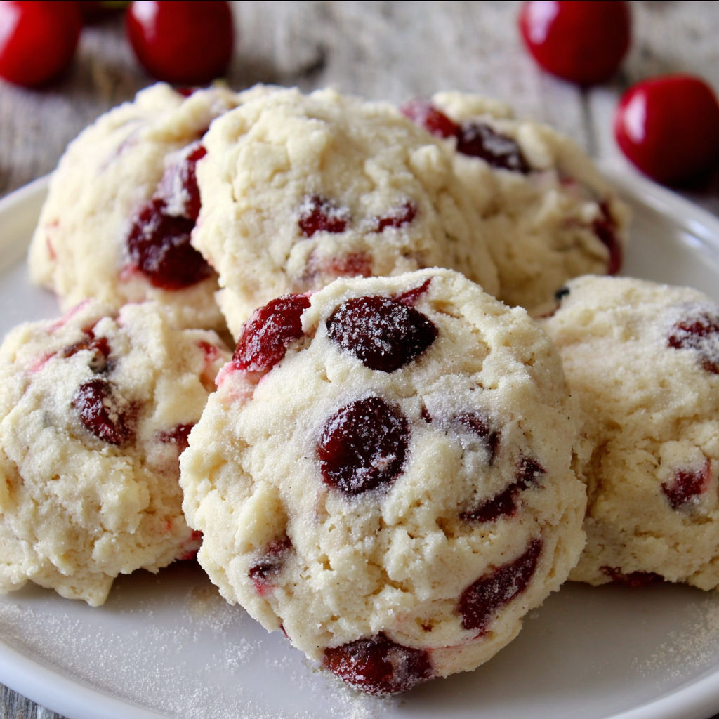 A plate of white cookies with red cherries on top.