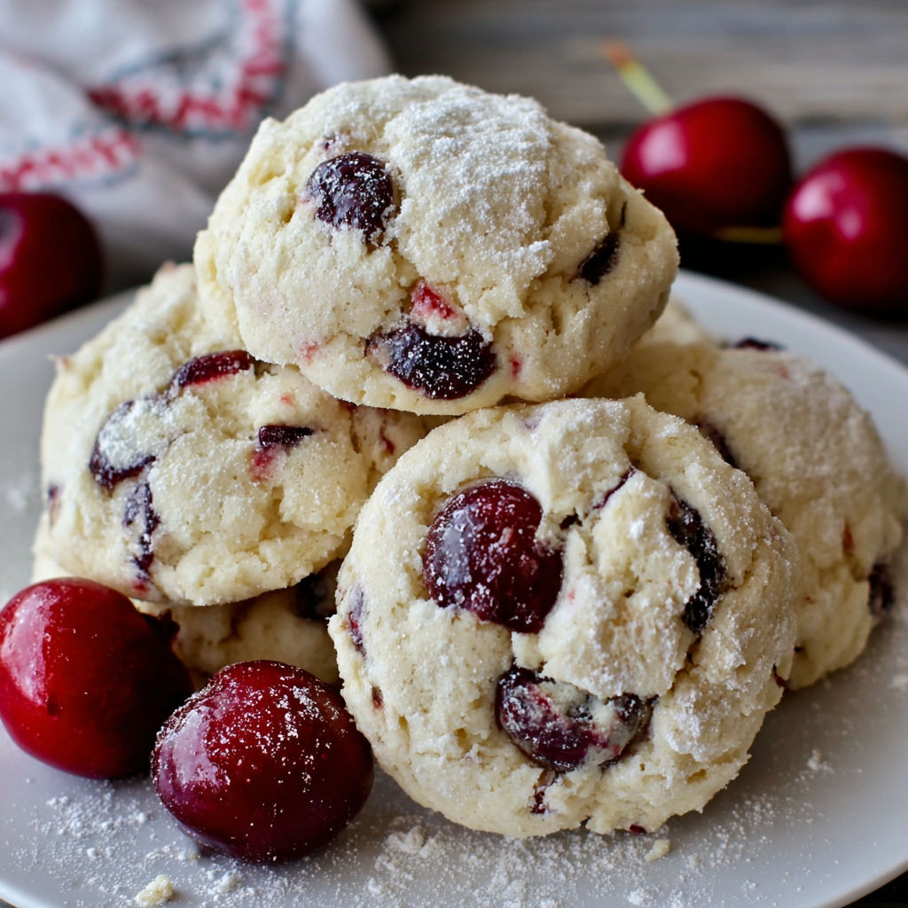 A plate of white cookies with cherries on top.