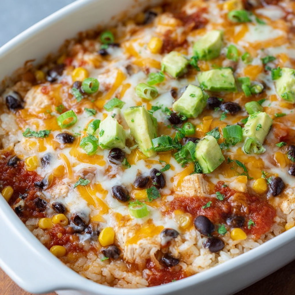 A delicious Mexican Chicken Casserole is served in a white bowl.