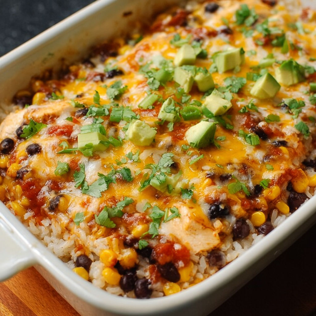 A white bowl filled with a delicious Mexican dish, including rice, beans, corn, and chicken.
