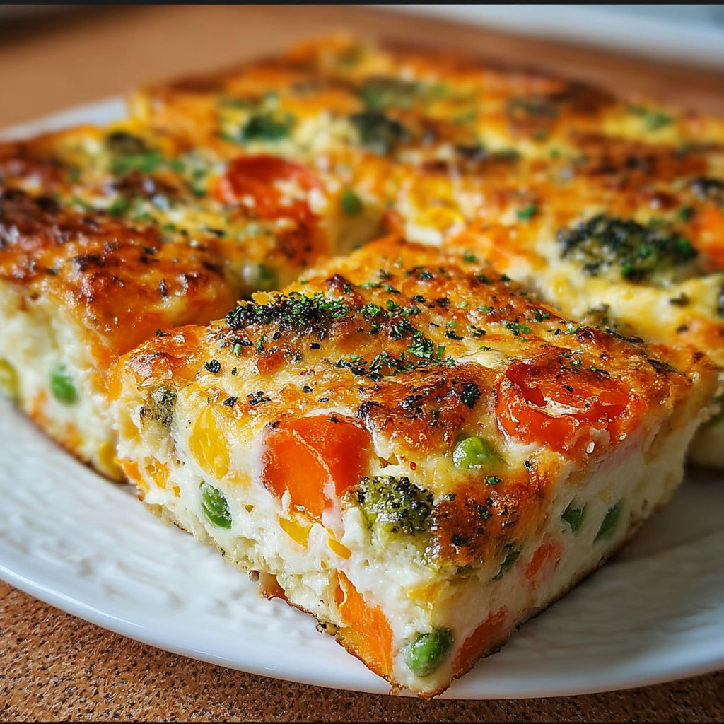 A slice of Cottage Cheese Veggie is displayed on a white plate.