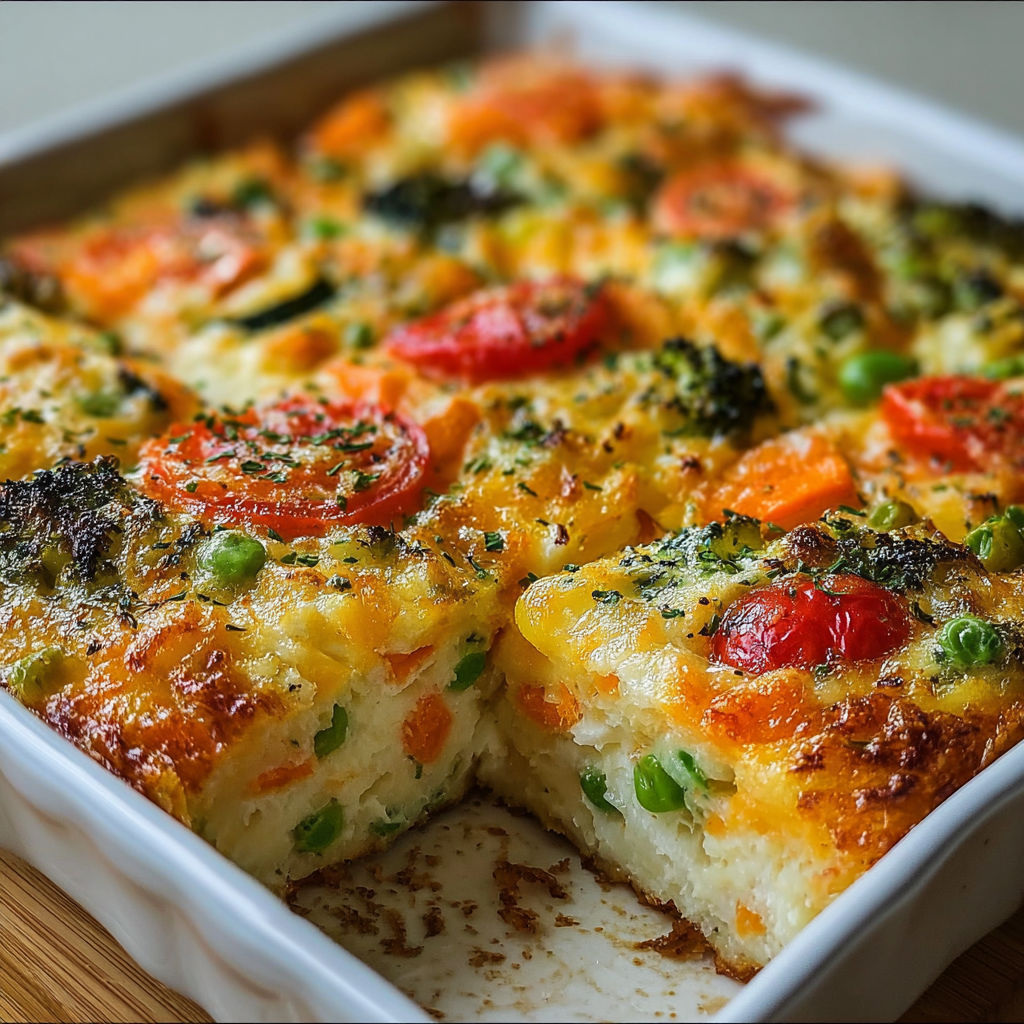 A dish with a variety of vegetables, including broccoli, carrots, and tomatoes, is presented in a white dish. The dish is described as a vegetable quiche, which is a popular and nutritious meal option.