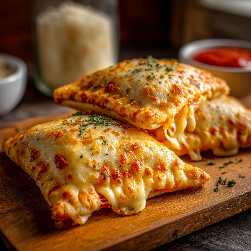 Two cheesy pizza pockets on a wooden cutting board, ready to be enjoyed.
