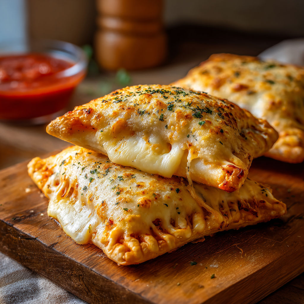 Two cheesy pizza pockets on a wooden cutting board, ready to be enjoyed.