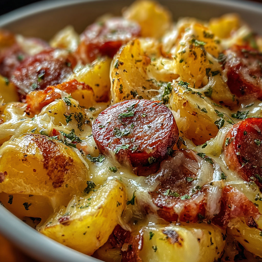 A delicious meal of Cheesy Ranch Potatoes and Smoked Sausage.