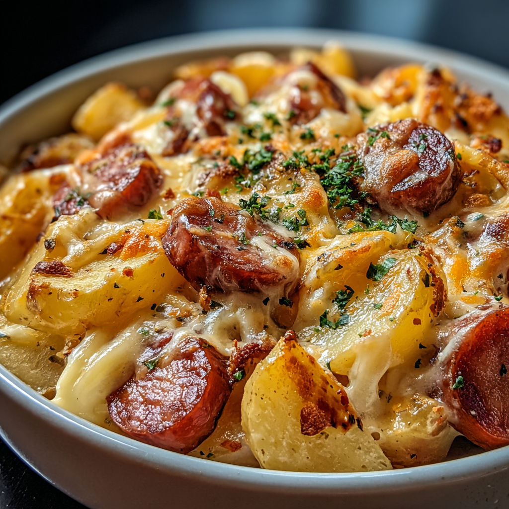 A bowl of cheesy pasta with sausage and potatoes.