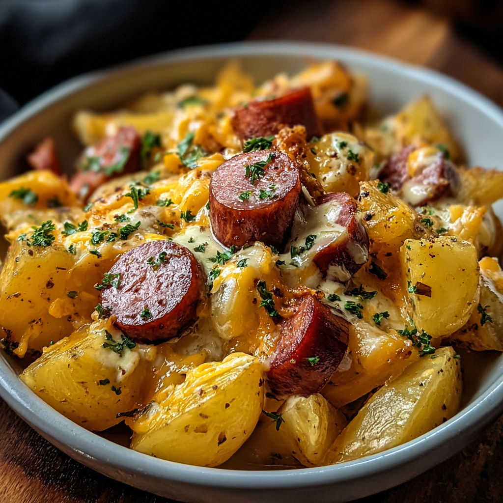 A bowl of food with a sausage and potatoes, likely a sausage and potato dish.