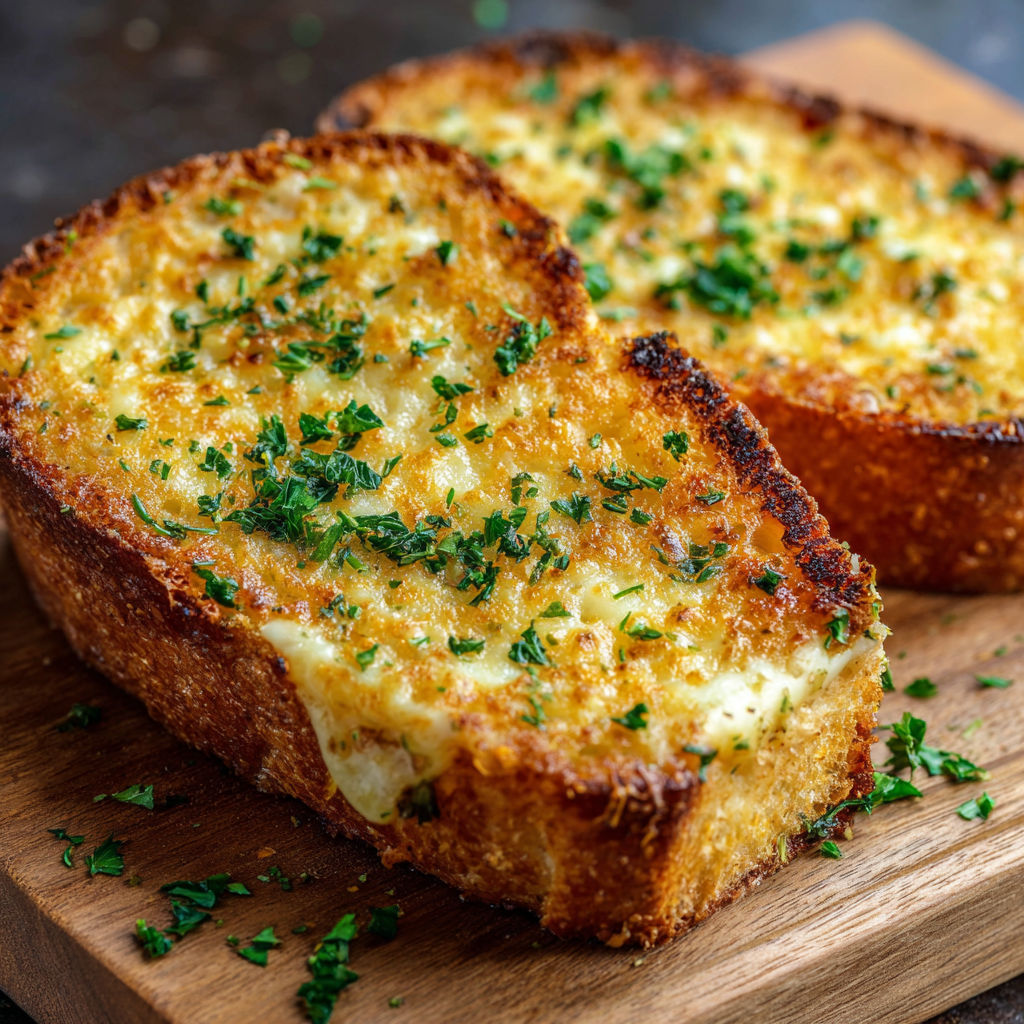 Two pieces of garlic bread with cheese on a wooden cutting board.