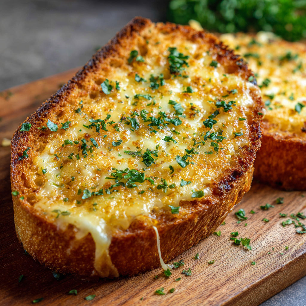 A slice of cheesy toast on a wooden cutting board.