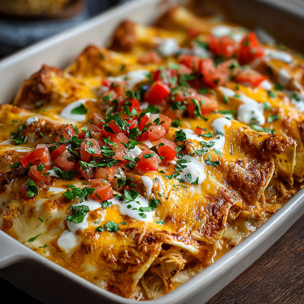 A delicious cheesy enchilada bake is ready to be served.