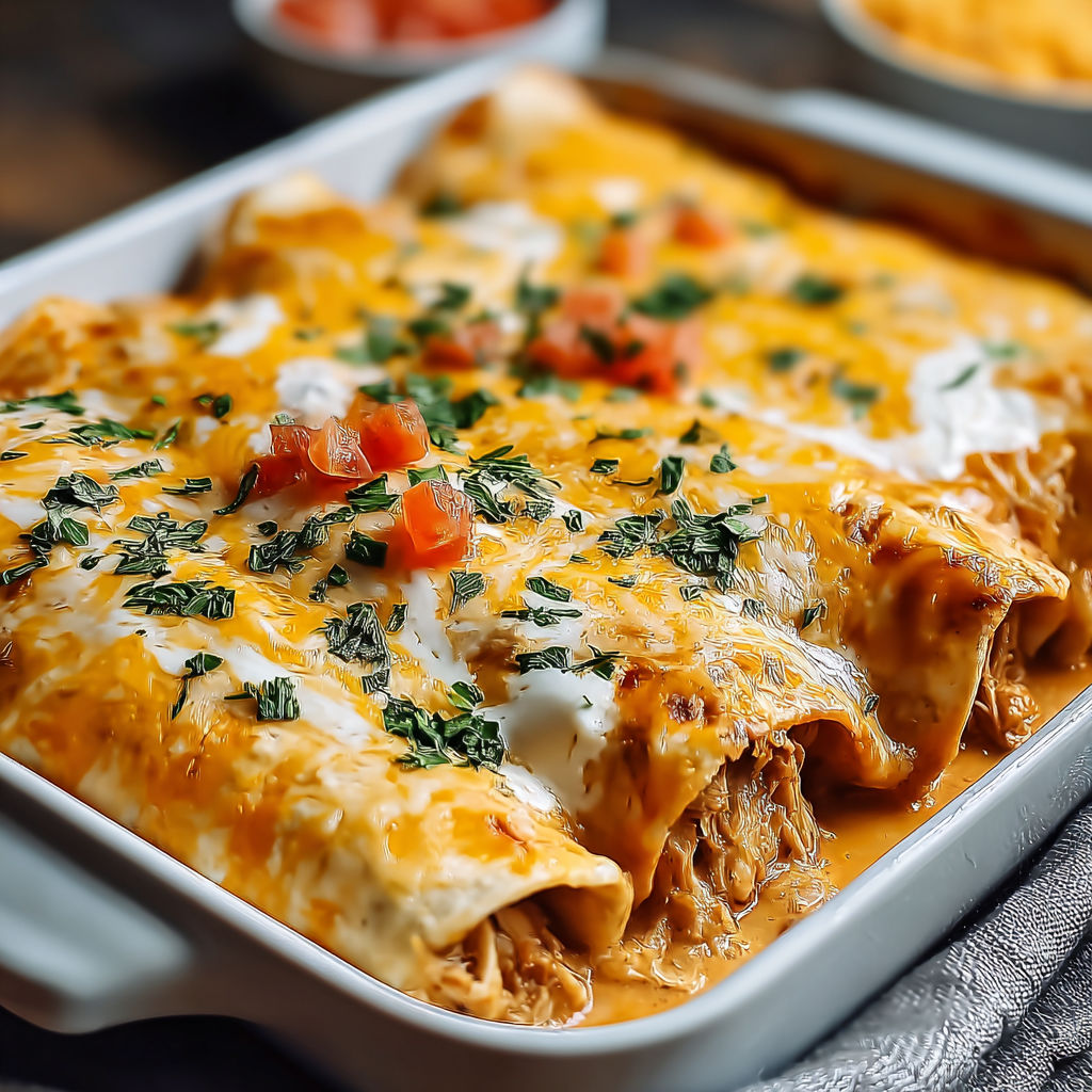 A dish of cheesy enchiladas bake is served in a white dish.