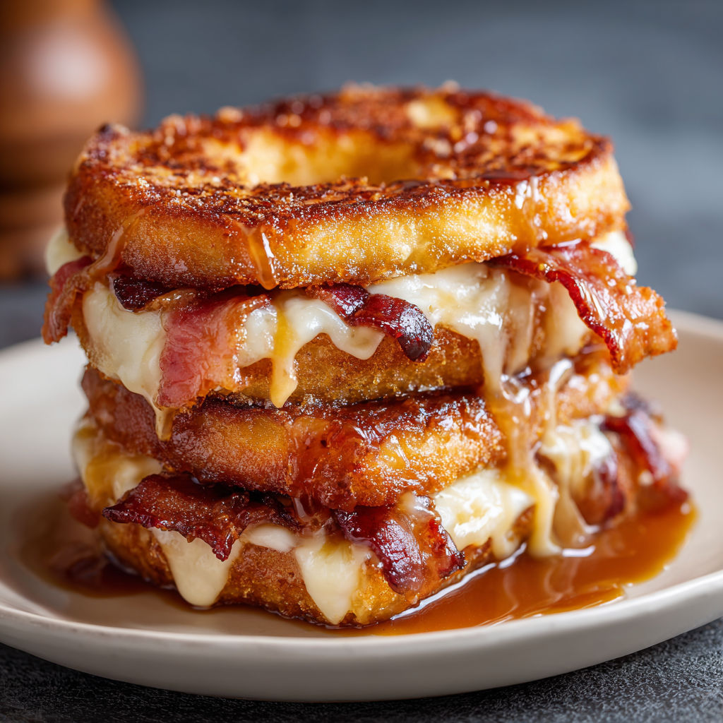 A stack of bacon and cheese sandwiches on a plate.