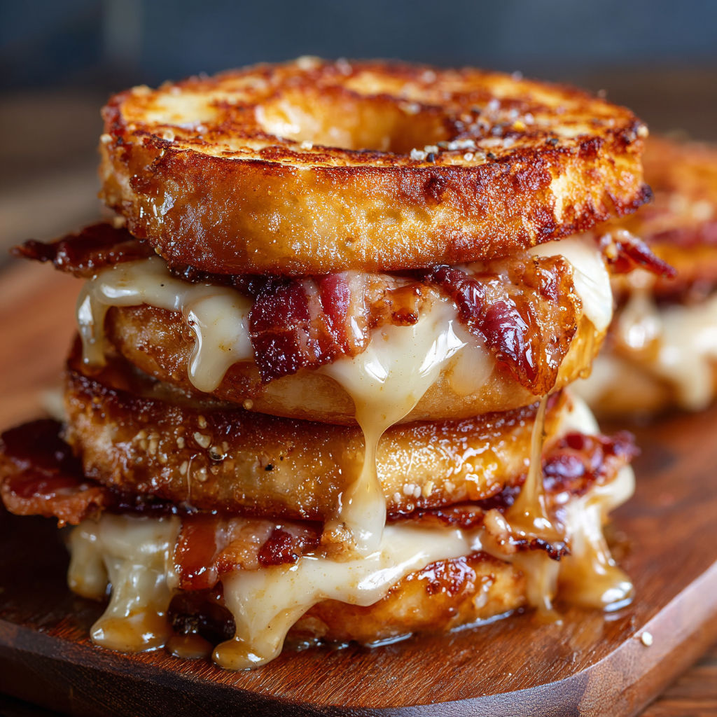 A stack of bacon and cheese sandwiches on a wooden cutting board.