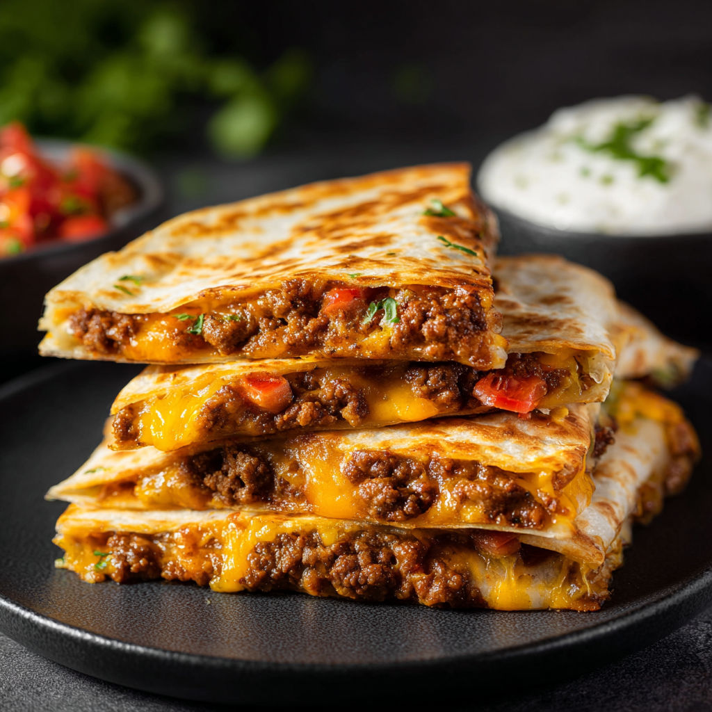 A plate of cheesy ground beef quesadillas stacked on top of each other.