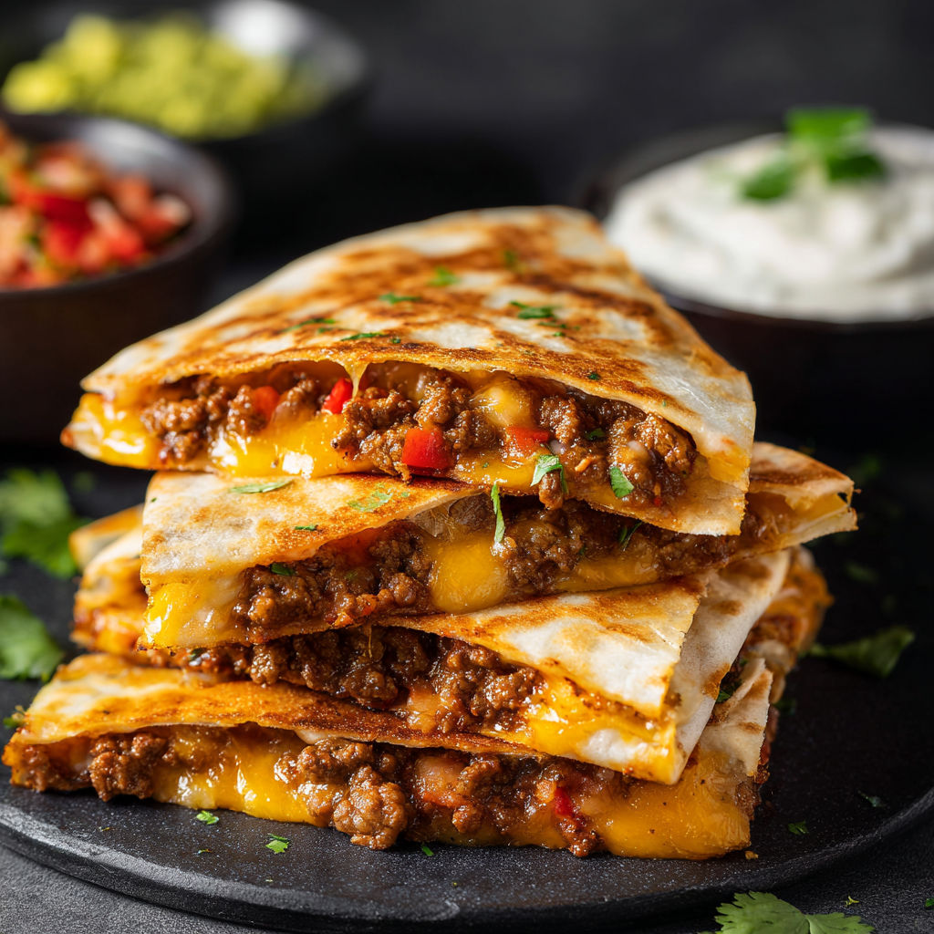 A stack of three enchiladas with cheese and meat filling, served with a side of guacamole.